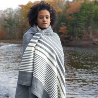 Swans Island's Penobscot Throw is woven in Maine with organic Merino wool and organic American Cotton. Shown here in Graphite with White.