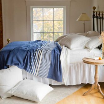 Swans Island Company's Penobscot blankets feature graduated band of white stripes against a ground of hand-dyed color. Made in Maine with soft organic merino wool and American cotton. Organic Ecowash® wool can be gently washed at home.