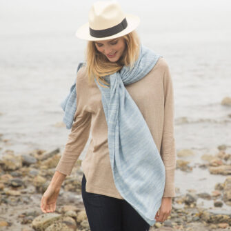Swans Island Company's Kennebunk Wrap is knit with soft Merino Silk. Hand-dyed colors. Made in USA. Shown here in Wedgwood.