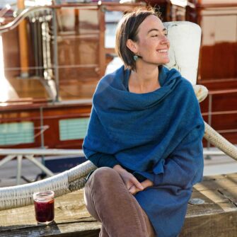 Swans Island Boothbay Wraps. Handwoven with a soft merino wool / silk blend. Made in Maine. Shown here in Indigo color.