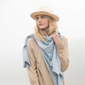 Swans Island Company's Kennebunk Wrap is knit with soft Merino Silk. Hand-dyed colors. Made in USA. Shown here in Wedgwood.