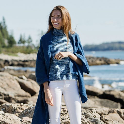 Swans Island Boothbay Wraps. Handwoven with a soft merino wool / silk blend. Made in Maine. Shown here in Indigo color, hand-dyed with all natural dyes.