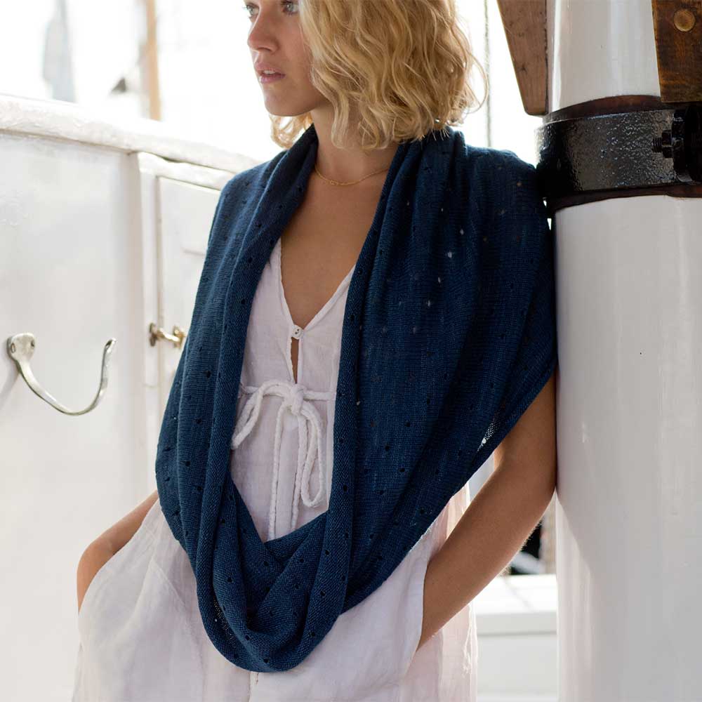 Coastal Cowl with white dress on a Maine windjammer
