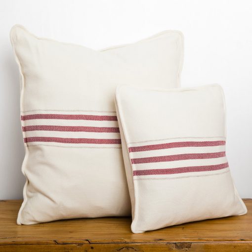Swans Island_Grace Pillows in White with Winterberry red stripes, 18" and 26"