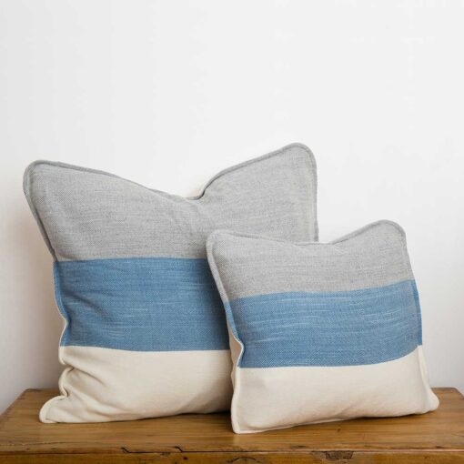 Swans Island Company's Maine Coast Pillows. Handwoven in Maine with soft hand-dyed organic merino wool. Shown in Marine 18" and 26".