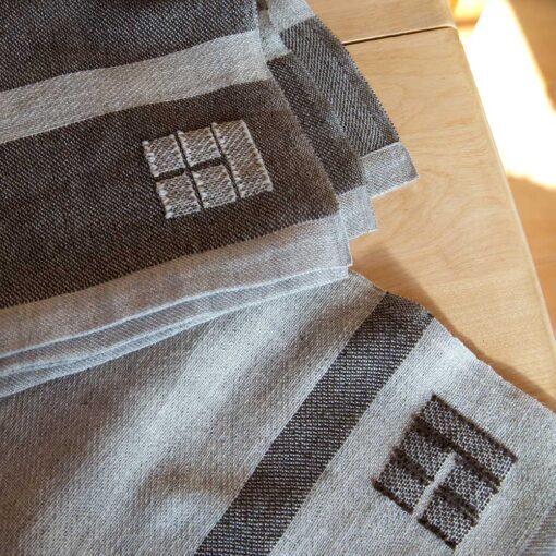 Swans Island Company's Island Throws are made with locally sourced single-origin fleece from a Maine island farm. Shown here, brown with grey stripes and grey with brown stripes throws.