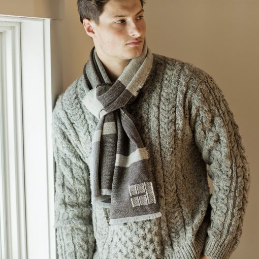 Swans Island Company's Island Scarf is handwoven in undyed natural brown and grey Maine wools. Shown here in brown with grey.