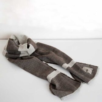 Swans Island Company - Island Collection Scarf in brown with natural grey stripes. Handwoven in Maine using single-origin wool from Long Cove Farm on Vinalhaven Island, Maine.