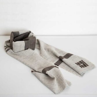Swans Island Company - Island Collection Scarf in natural Grey with Brown stripes. Handwoven in Maine using single-origin wool from Long Cove Farm on Vinalhaven Island, Maine.
