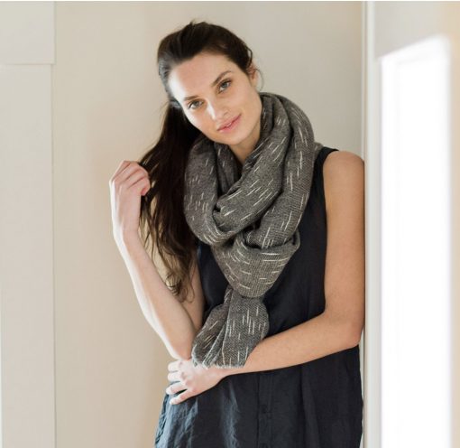 Swans Island Handwoven Firefly Wrap. Made in Maine with hand-dyed merino wool / silk yarn. Shown here in Onyx.