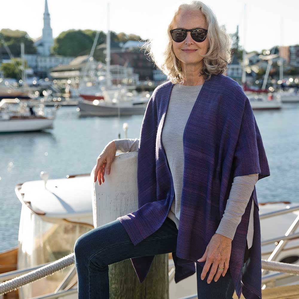 Swans Island Company's Katahdin Cape - handwoven in Maine with soft hand-dyed organic merino wool. Show here in Beetroot.