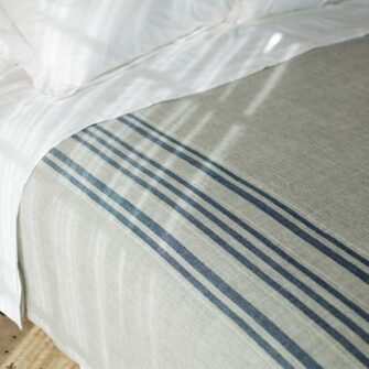 Swans Island Heritage Blanket - handwoven in Maine 100% wool. Shown here in Grey with Indigo stripes.