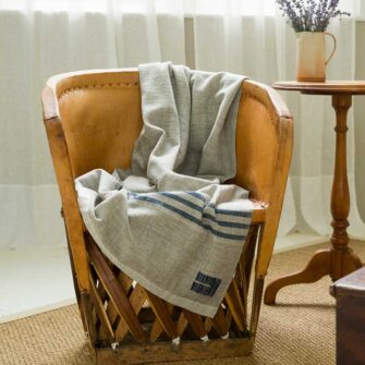 Swans Island Company's Heritage Throw - Handwoven in Maine with natural grey wool. Shown in Grey with indigo stripes