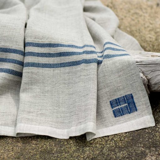 Swans Island Heritage Throw - handwoven in grey corriedale wool with Indigo stripes