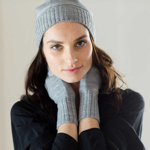 Swans Island Company's Bar Island Hat with matching Bar Island fingerless mitts. Knit with soft silk/merino wool. 100% made in USA with hand-dyed yarns. Shown here in Pewter.