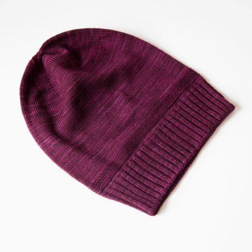 Swans Island Company's Bar Island Hat is knit with soft silk and merino wool. Shown in Aubergine.. 100% made in USA with hand-dyed yarns.