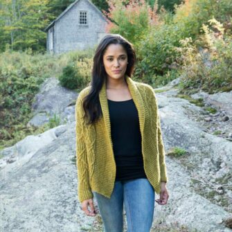 Swans Island Gabrielle Cardigan knitting pattern featuring our hand-dyed All American worsted yarn