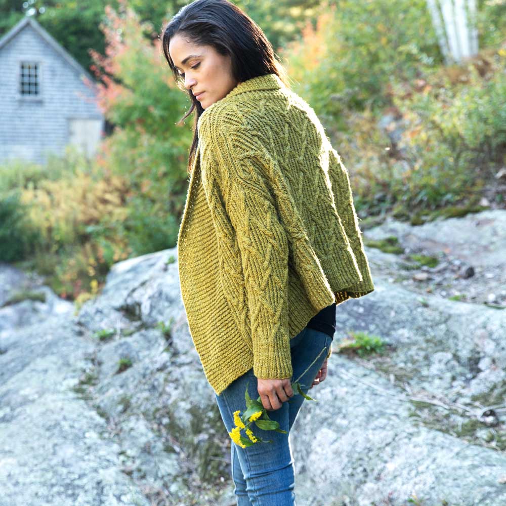 Swans Island Gabrielle Cardigan knitting pattern featuring our hand-dyed All American worsted yarn