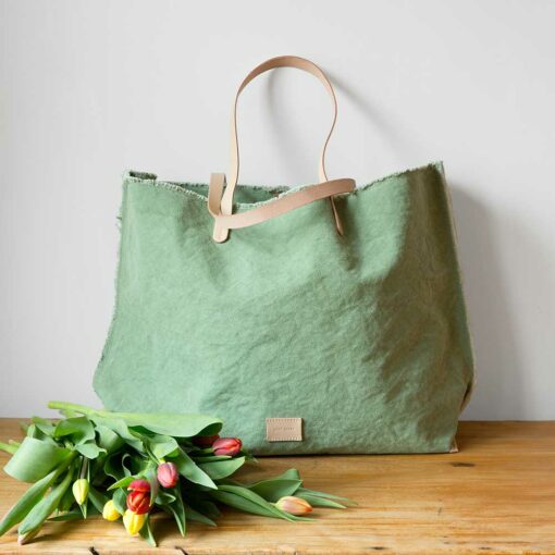 Swans Island's Hana Canvas Boat Bag by Graf Lantz - rugged cotton canvas with leather handles. Shown in Matcha color.