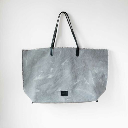 Swans Island's Hana Canvas Boat Bag by Graf Lantz - rugged tie-dyed cotton canvas with leather handles. Shown in Shadow color.
