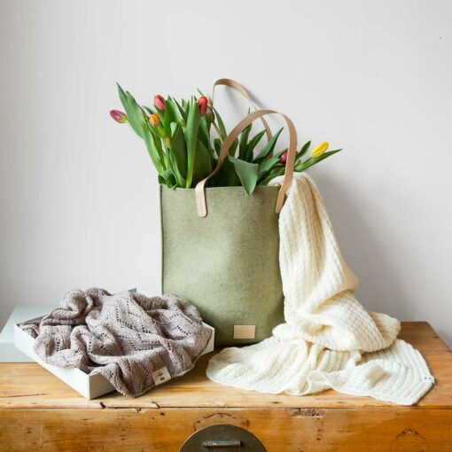 Swans Island's Hana Wool Tote by Graf Lantz - Sturdy wool felt with leather handles. Shown in Sage color.
