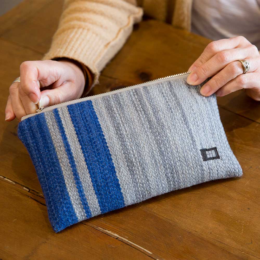 Swans Island handwoven Rockport Clutch. Made in Maine with handwoven cloth b the SwansIsland weavers. Shown here in Stone / Denim