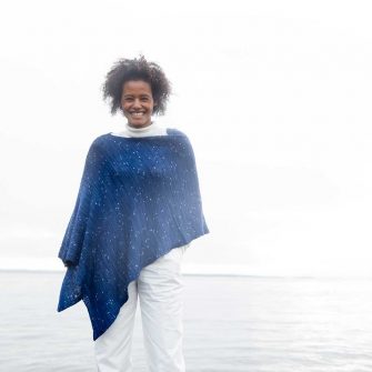 Swans Island's Firefly Ruana- hand-dyed and knit in Merino/Silk, made in the USA shown in Sapphire color