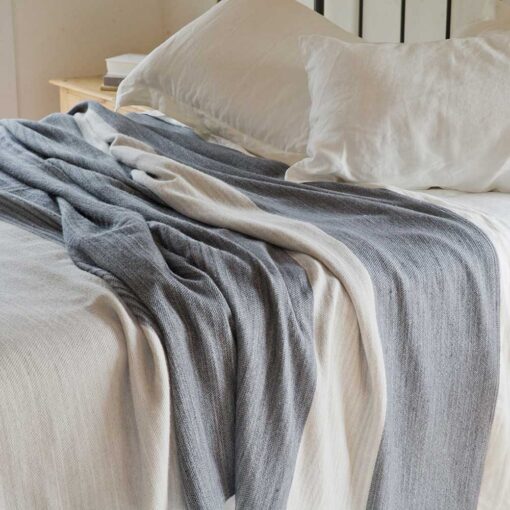 Swans Island Company's Rangeley blankets feature bold bands of color. Made in Maine with soft organic merino wool and American cotton. Organic Ecowash® wool can be gently washed at home.