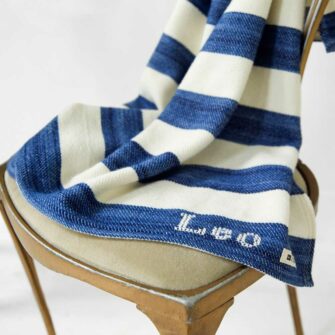 Swans-Island's_Regatta-Baby-Blanket in soft organic Merino wool and cotton - add a hand-stitched monogram for the perfect baby gift