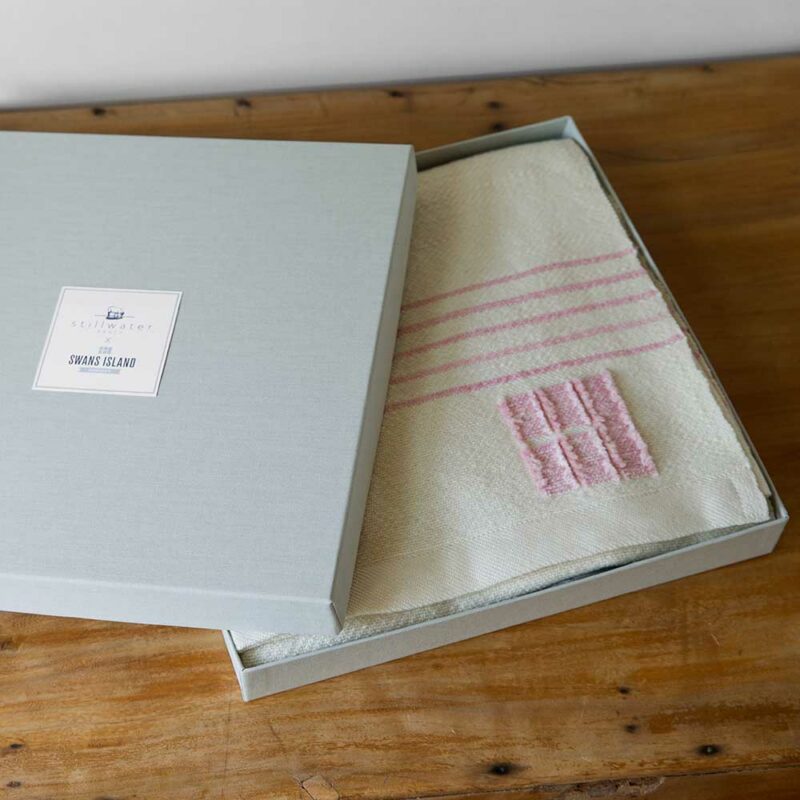 Stillwater Ranch x Swans Island Baby Blanket - Ltd. Edition. A collaboration with Chris Pratt and Katherine Schwarzenegger's ranch and Swans Island Co. Kid mohair from Stillwater Ranch is blended with other fine fibers, spun, hand-dyed, handwoven in Maine. Each blanket comes in our presentation gift box.