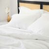 Swans Island Classic Linen Bedding Bundle. 100% French Linen, soft and substantial. Made in USA. Bedding Bundle includes one sheet set and one duvet set, shown in White.
