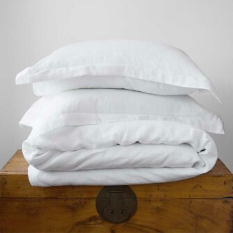 Swans Island Classic Linen Bedding.. 100% French Linen, soft and substantial. Made in USA. Duvet Set shown in White
