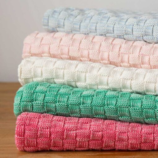 Swans Island Cotton Toddler Blanket - Knit basketweave texture, generously sized for toddlers. 100% Pima cotton made in USA. Light Blue, Light Pink, Natural, Pistachio, Coral.