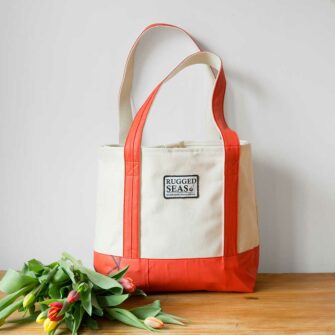 Swans Island is proud to offer our fellow Maine-based-company - Rugged Seas' Seaworthy Tote is made from upcycled fisherman's bibs and sturdy cotton canvas. Each one is unique.