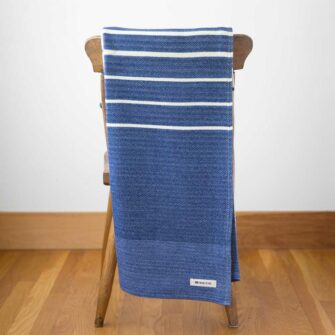 Swans Island Company - Breakwater Throw - made in Maine with soft organic merino wool and cotton. Shown in Nautical Blue + Natural stripe.