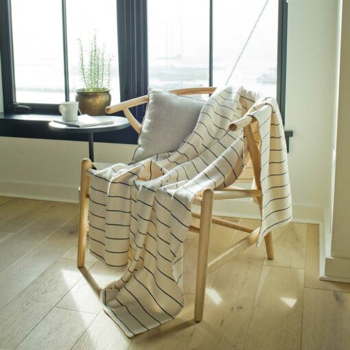 Swans Island Cotton Pinstripe Throw. Made in Maine with hand-dyed USA cotton. Natural + Ink Blue
