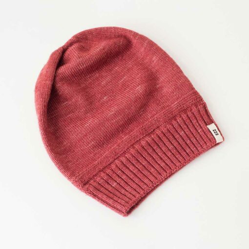 Swans Island Company's Bar Island Hat is knit with soft silk and merino wool. Shown in Cranberry. 100% made in USA with hand-dyed yarns.