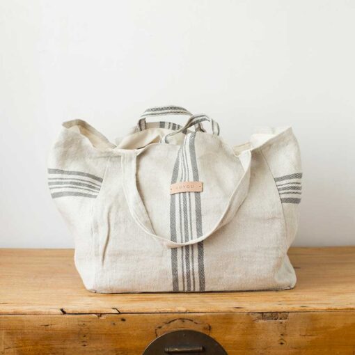 Swans Island's Large Beach Bag - made by Govou from up-cycled vintage European grain sacks. Shown here in Natural with Black stripes.