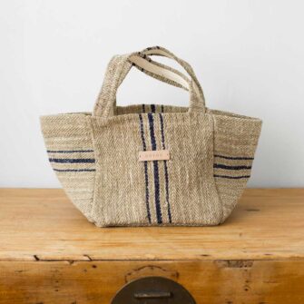 Swans Island's Beach Tote - made by Govou from up-cycled vintage European grain sacks. Shown here in Natural with Black stripes.