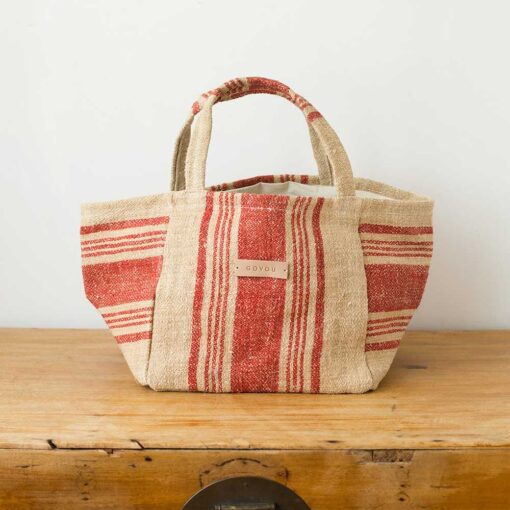Swans Island's Beach Tote - made by Govou from up-cycled vintage European grain sacks. Shown here in Natural with Red stripes.
