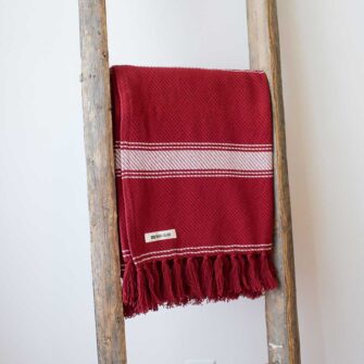 Swans-Island-Summer Twill Striped-Throws woven in Maine with 100% American cotton. Shown here in Rustic Red with White.